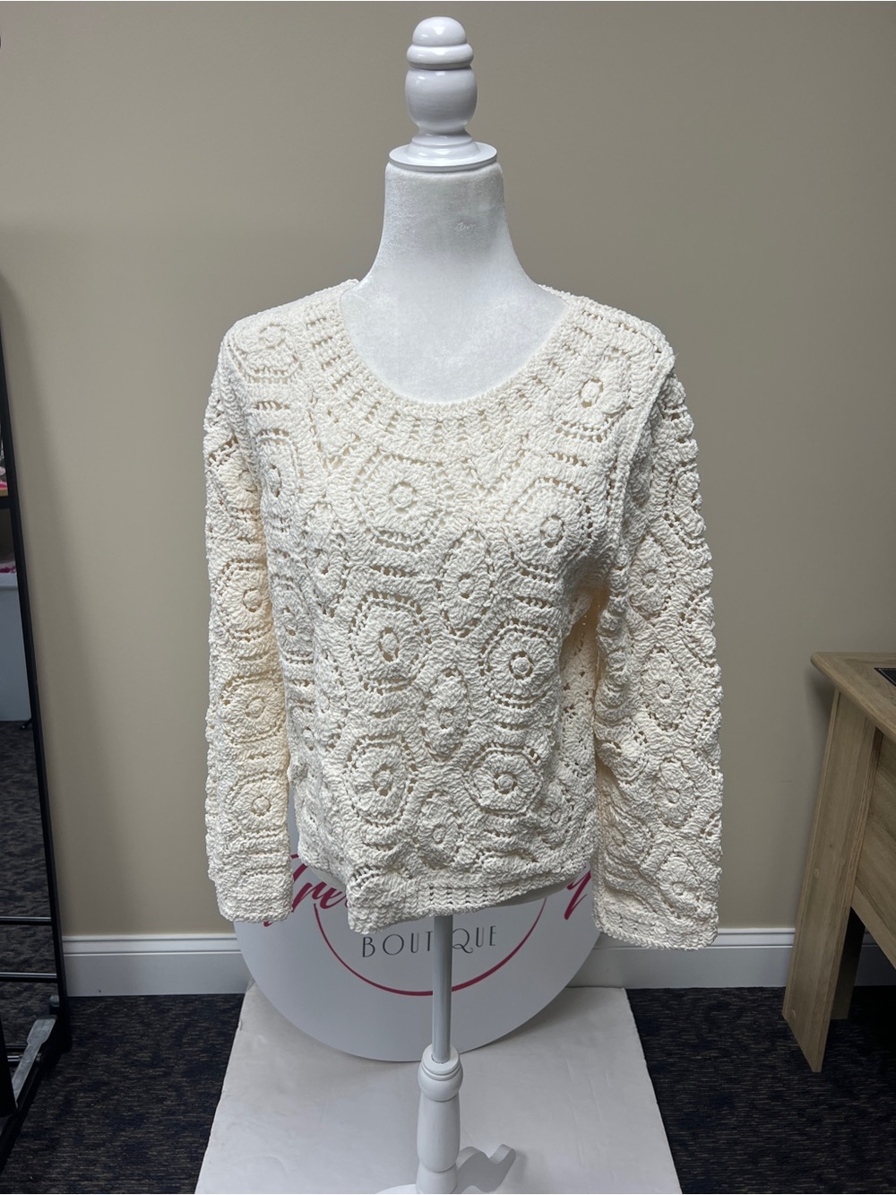 POL Cream Crochet-Pattern Crewneck Sweater